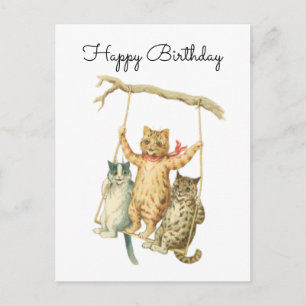 Cartão Postal Gatos em Aquarela Vintage em um Balanço Feliz Aniv