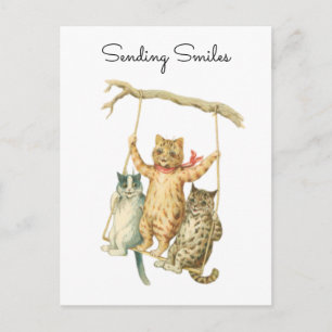 Cartão Postal Gatos em Balanço em Aquarela Vintage Enviando Sorr