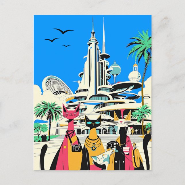 Cartão Postal Gatos em Férias Visitem o Futuro (Frente)