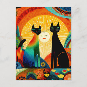 Cartão Postal Gatos em um Fundo Brilhante e Colorido,