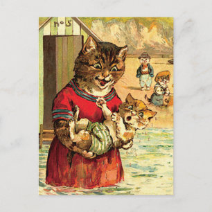 Cartão Postal Gatos Engraçados na Praia - Louis Wain