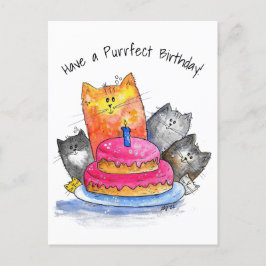 Cartão Postal Gatos Fantasiosos com Bolo de Aniversário