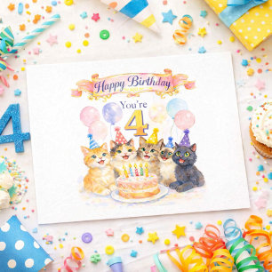 Cartão Postal Gatos Fofos 4º Aniversário Feliz para Meninas 