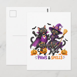 Cartão Postal Gatos fofos de Halloween Patas e Feitiços
