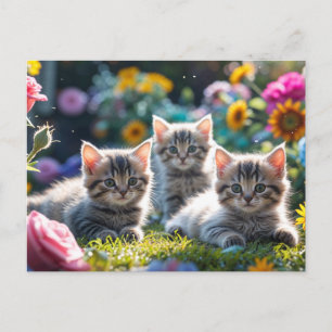 Cartão Postal Gatos fofos no jardim de flores