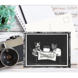 Cartão Postal Gatos Gêmeos Antigos E O Bolo De Aniversário