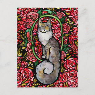 Cartão Postal Gatos Maine Coon com Rosas Vermelhas Arte de Gato