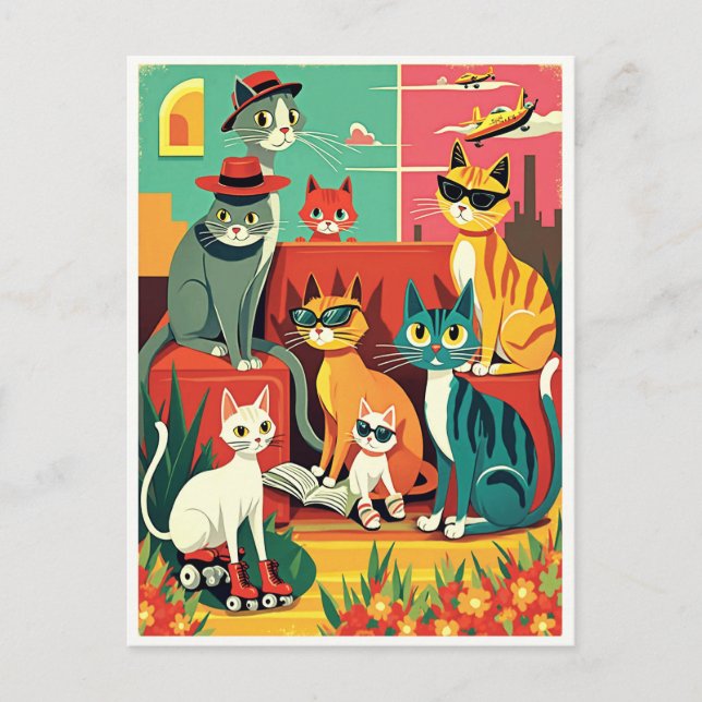 Cartão Postal Gatos Modernos de meio século em Férias (Frente)