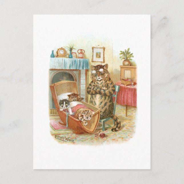 Cartão Postal Gatos no Berço por Louis Wain (Frente)