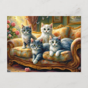 Cartão Postal Gatos no sofá - cena fofa no visual da safra