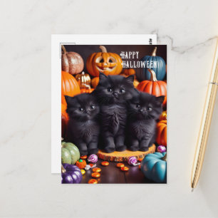 Cartão Postal Gatos Pretos de Halloween com Abóboras e Doces
