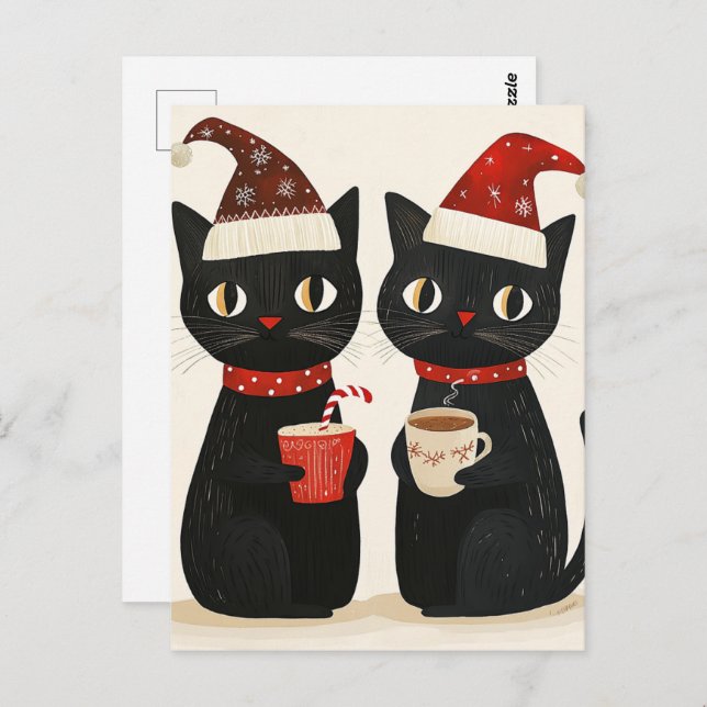 Cartão Postal Gatos Pretos de Natal Adoráveis (Frente/Verso)