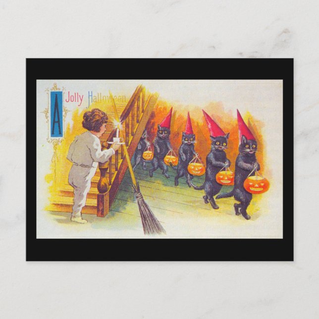 Cartão Postal Gatos Pretos do Dia das Bruxas com Pumpkins (Frente)