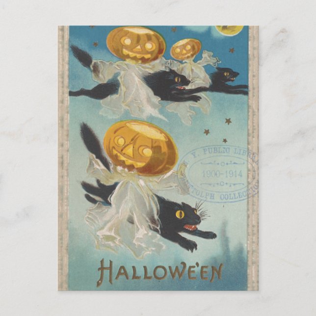 Cartão Postal Gatos Pretos do Halloween e Abóbora Fantasmas Vint (Frente)