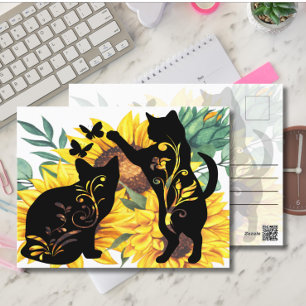 Cartão Postal Gatos Pretos Girassóis Aquarela Floral