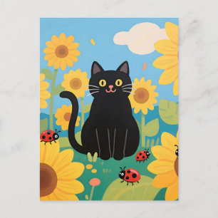 Cartão Postal Gatos Pretos Girassóis Joaninhas