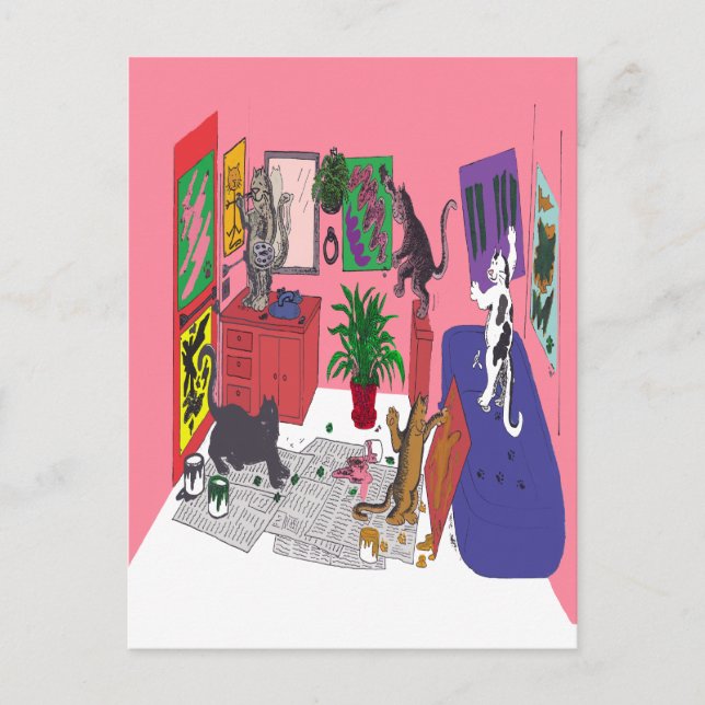Cartão Postal Gatos Que Pintam, Arte Humorística de Gatos (Frente)