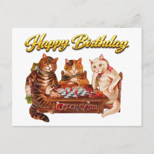 Cartão Postal Gatos Retrô Xeque-Mate Jogando Xadrez Feliz Aniver