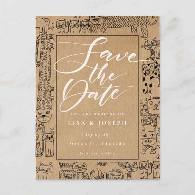 Cartão Postal Gatos Rustic Kraft Script Salvar Data (Frente)
