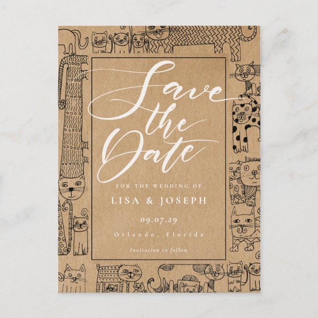 Cartão Postal Gatos Rustic Kraft Script Save the Date (Frente)