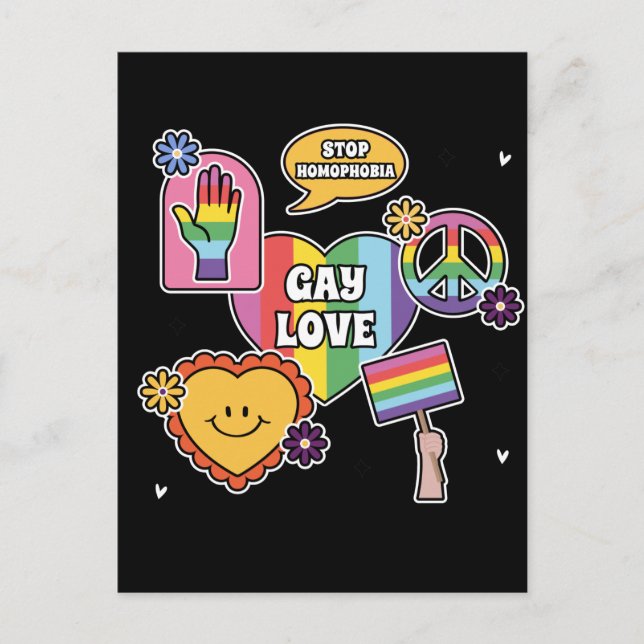 Cartão Postal Gay amor. Dia do Orgulho. LGBT+Orgulho. (Frente)