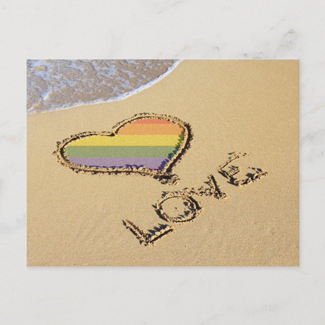 Cartão Postal Gay Rainbow Amor Coração Na Areia (Frente)