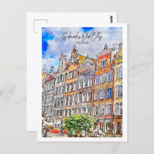 Cartão Postal Gdanks Old City Polônia, Viagem de lugar aquarela