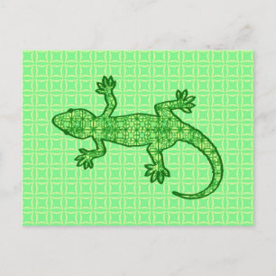 Cartão Postal Gecko de batik tribal - verde lima e esmeralda