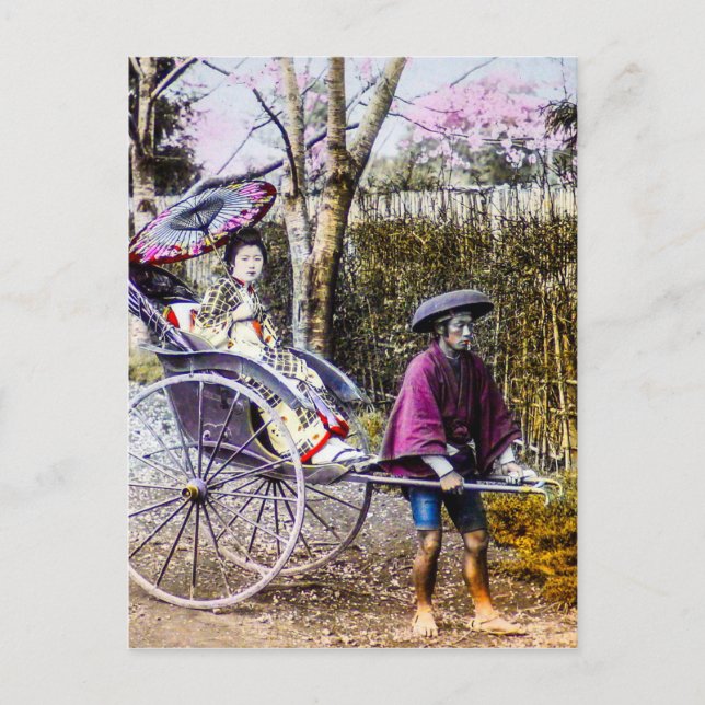 Cartão Postal Geisha Antiga Viajando em Rickshaw no Velho Japão (Frente)