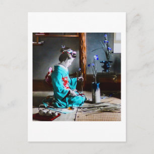 Cartão Postal Geisha Arranjando Flores Iris Vintage Antigo Japã