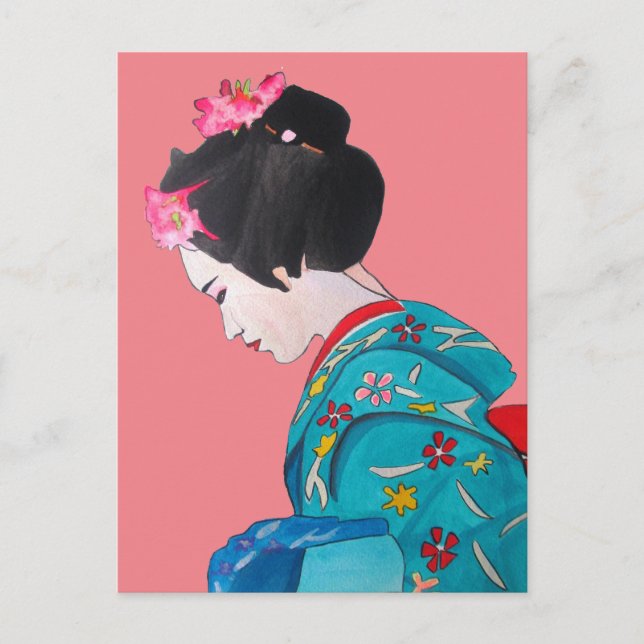 Cartão Postal Geisha bonitinha japonesa com flor de cereja rosa (Frente)