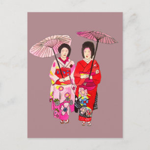 Cartão Postal Geisha bonitinha japonesa com quimono rosa