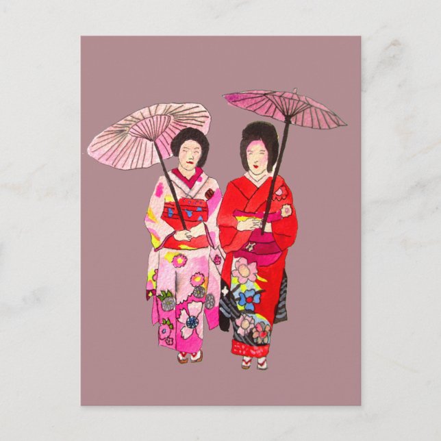 Cartão Postal Geisha bonitinha japonesa com quimono rosa (Frente)