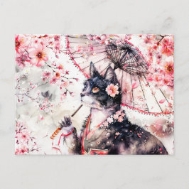 Cartão Postal Geisha Cat com Parasol e Cereja Blossomas
