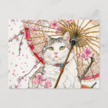 Geisha Cat com Parasol e Cereja Blossomas