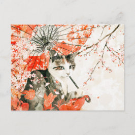 Cartão Postal Geisha Cat com Parasol e Cereja Blossomas