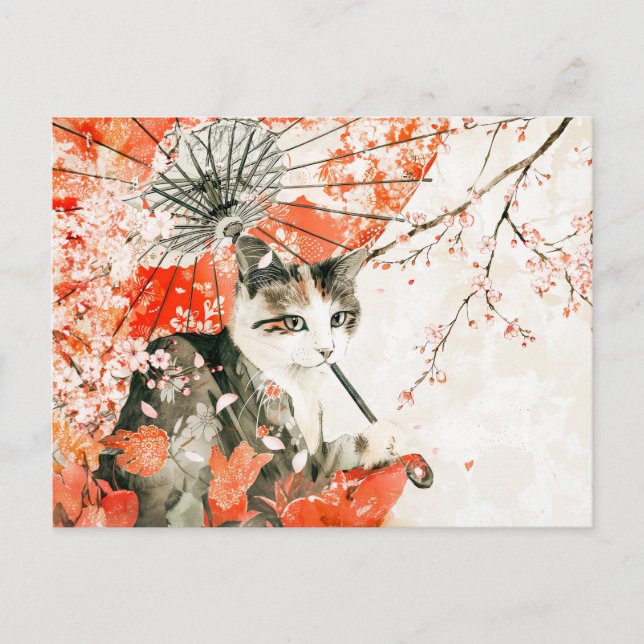 Cartão Postal Geisha Cat com Parasol e Cereja Blossomas (Frente)