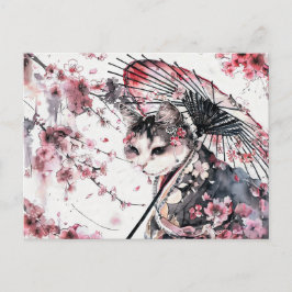Cartão Postal Geisha Cat com Parasol e Cereja Blossomas em Chi