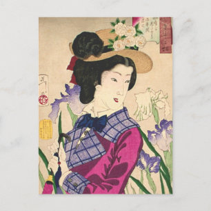 Cartão Postal Geisha e Íris Arte Japonesa de Xilogravura Ukiyo-e