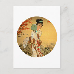 Cartão Postal Geisha Girl com ventilador