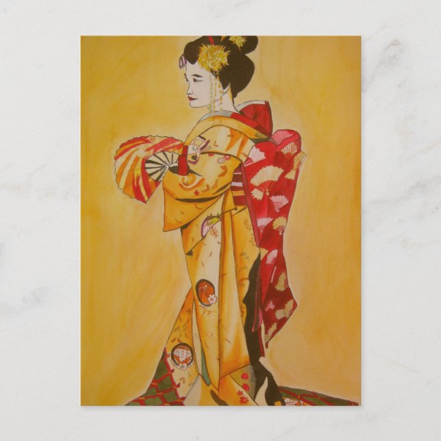 Cartão Postal Geisha gold kimono original de aquarela (Frente)