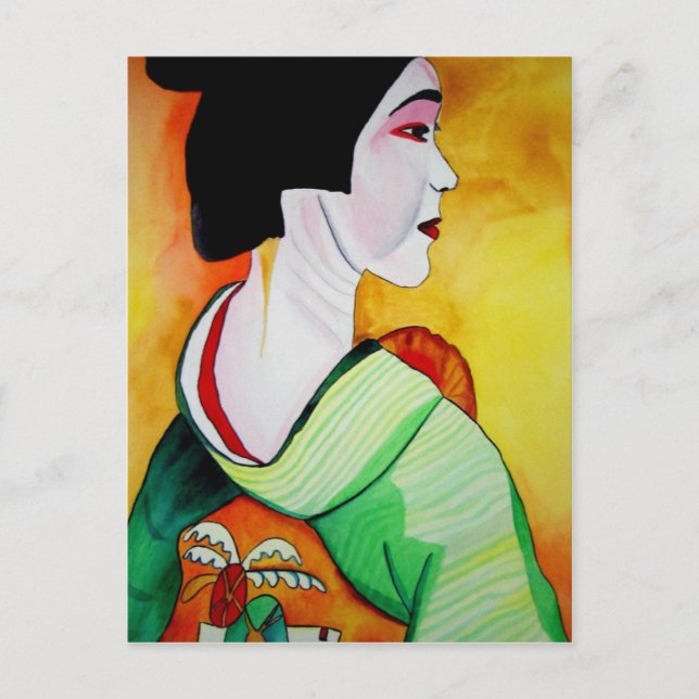 Cartão Postal Geisha japonesa com arte original verde kimono (Frente)