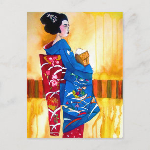 Cartão Postal Geisha japonesa com quimono azul