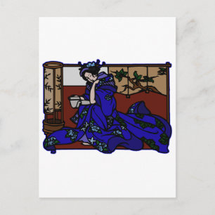 Cartão Postal Geisha Reading em Blue Kimono