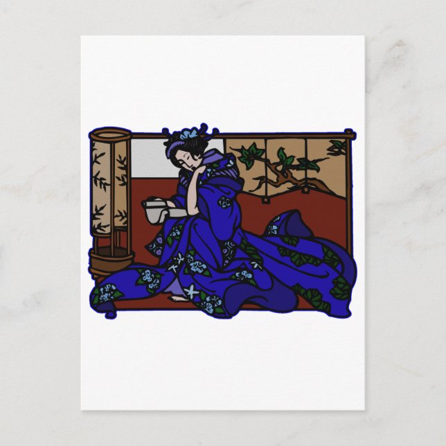 Cartão Postal Geisha Reading em Blue Kimono (Frente)