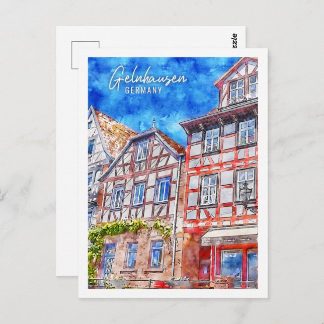 Cartão Postal Gelnhausen Alemanha Viagem Place Watercolor (Frente/Verso)