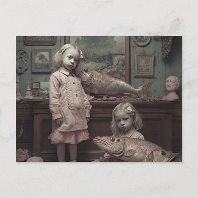 Cartão Postal Gêmeos com Peixe Rosa Horror Arte AI (Frente)