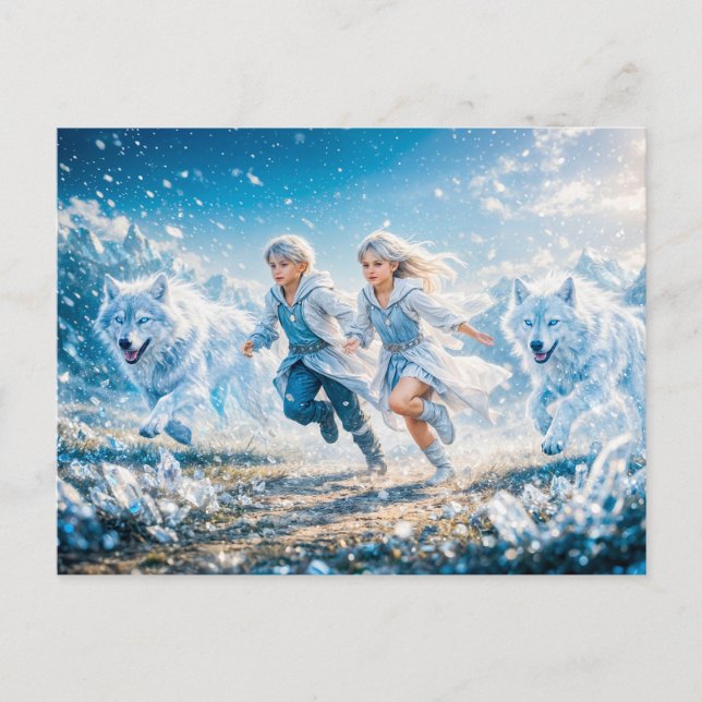 Cartão Postal Gemini Zodiac with Twin Children and White Wolves (Frente)