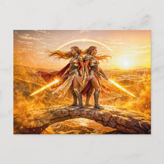 Cartão Postal Gemini Zodiac with Twin Warrior Women and Glowing  (Frente)