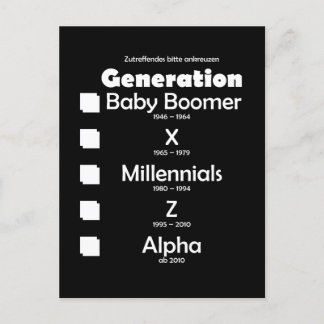 Cartão Postal Generationen Baby Boomer, X, Y, Millennials, Z, Al